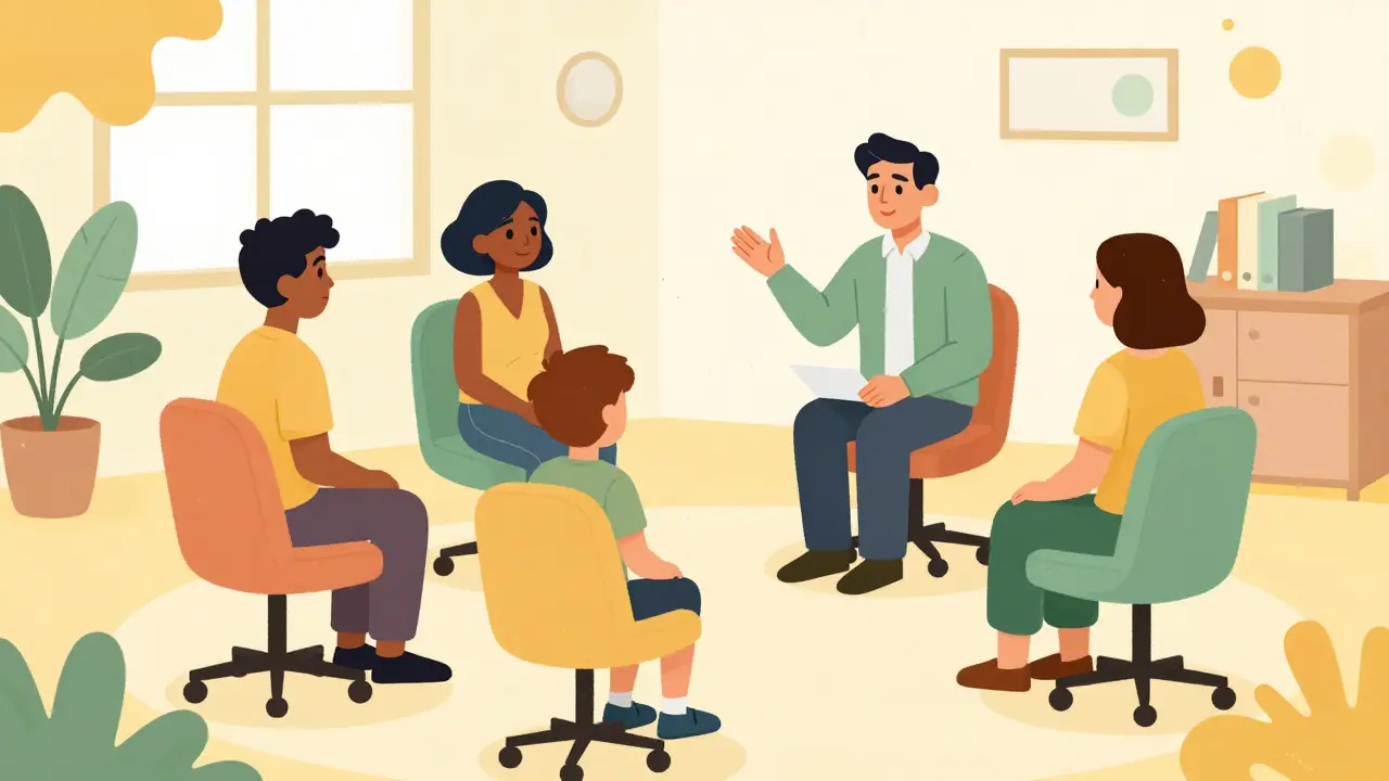 Familia y terapeuta en una sesión de terapia familiar en un entorno luminoso.