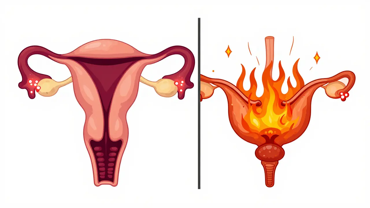 Ilustración conceptual comparando la endometriosis en el útero y la inflamación de la vejiga.