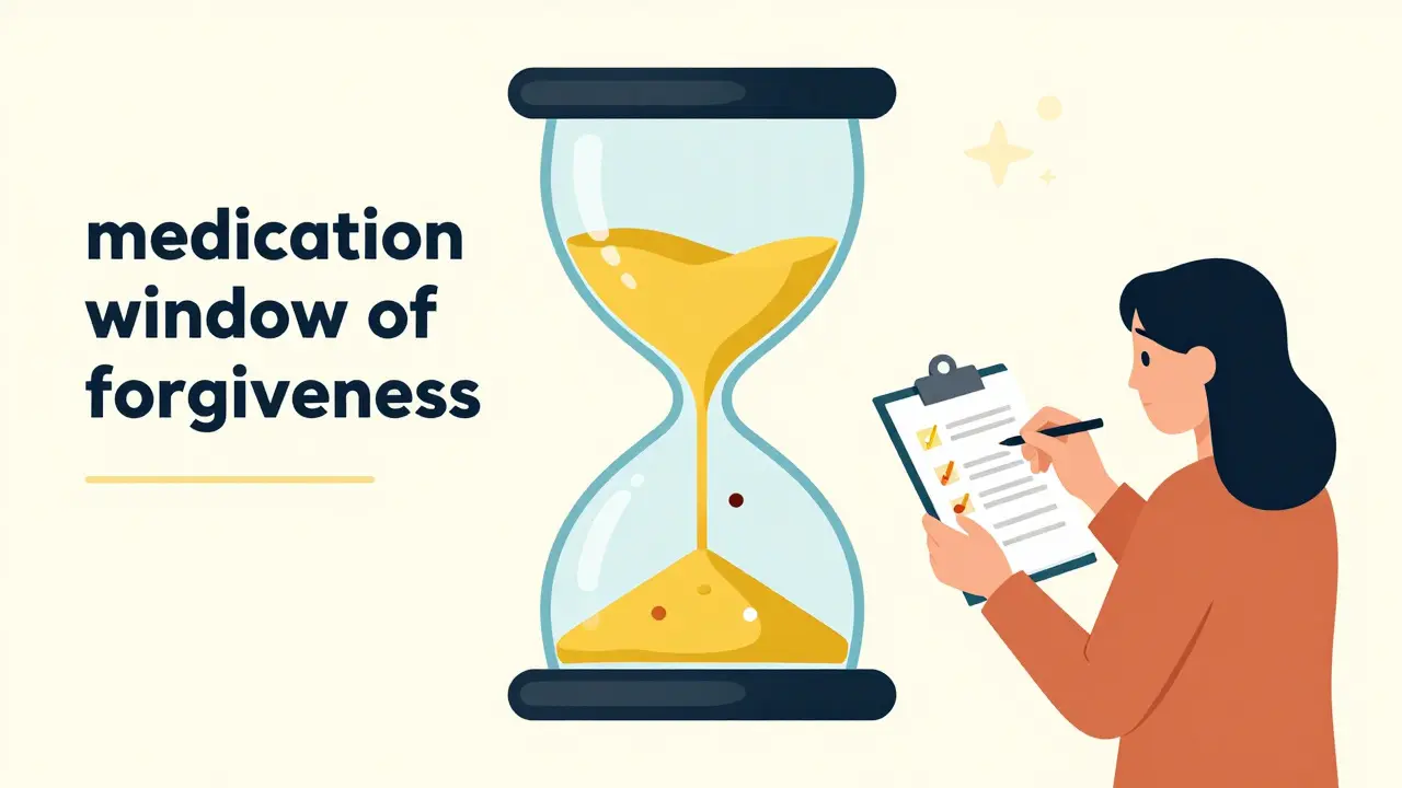 Ilustración conceptual de un reloj de arena con pastillas representando la ventana de perdón.