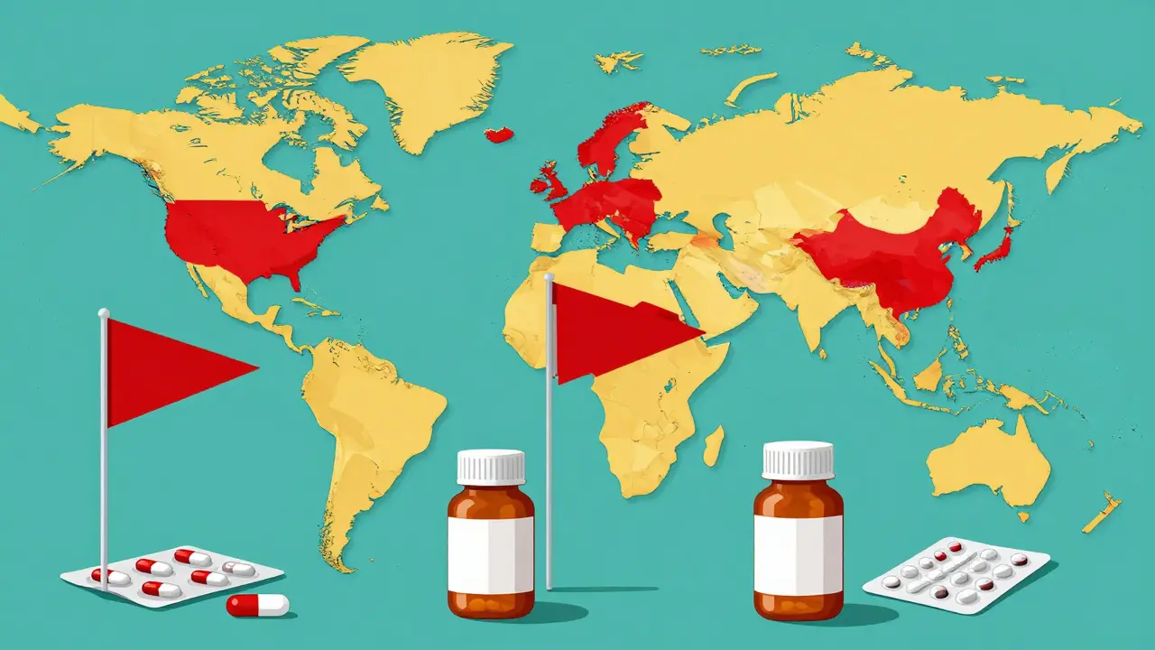 Mapa mundial con zonas de riesgo y frascos de medicinas representados como alertas.