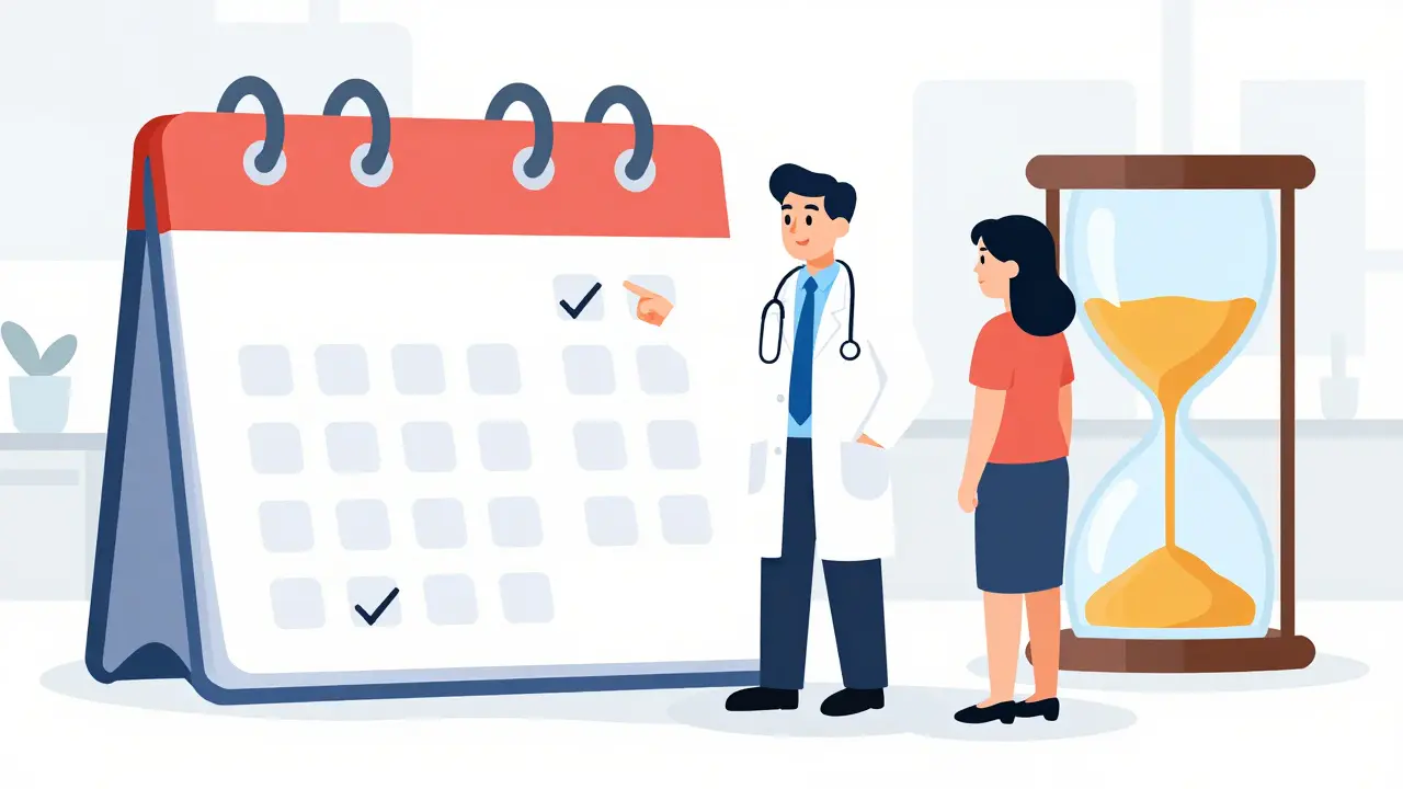 Médico y paciente revisando un calendario de ajuste lento de dosis en estilo de ilustración.