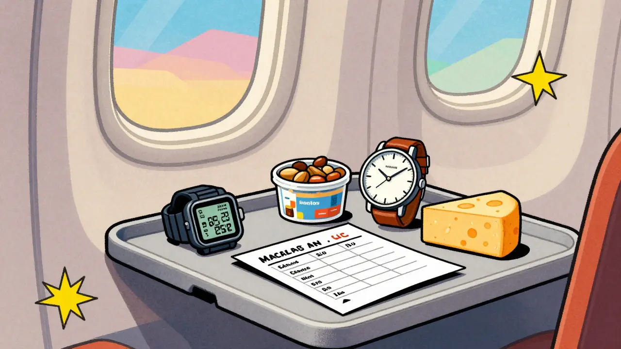 Mesa de avión con relojes, snacks y un horario de medicación escrito a mano.