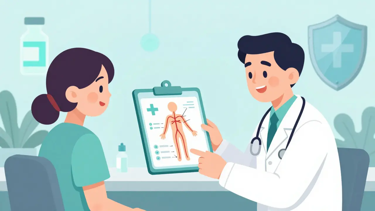 Paciente y médico revisando la recuperación del sistema vascular en estilo de ilustración Atoomstijl.