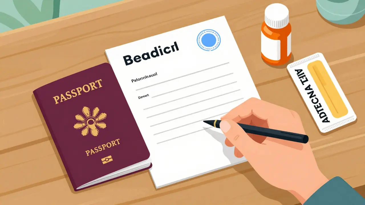 Pasaporte, carta médica oficial y medicamentos en su envase original sobre una mesa.