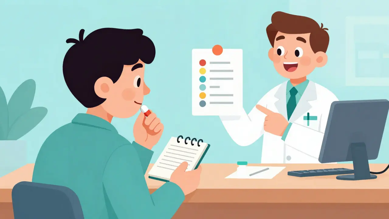 Persona anotando síntomas en un diario mientras consulta la composición de un fármaco con un farmacéutico.