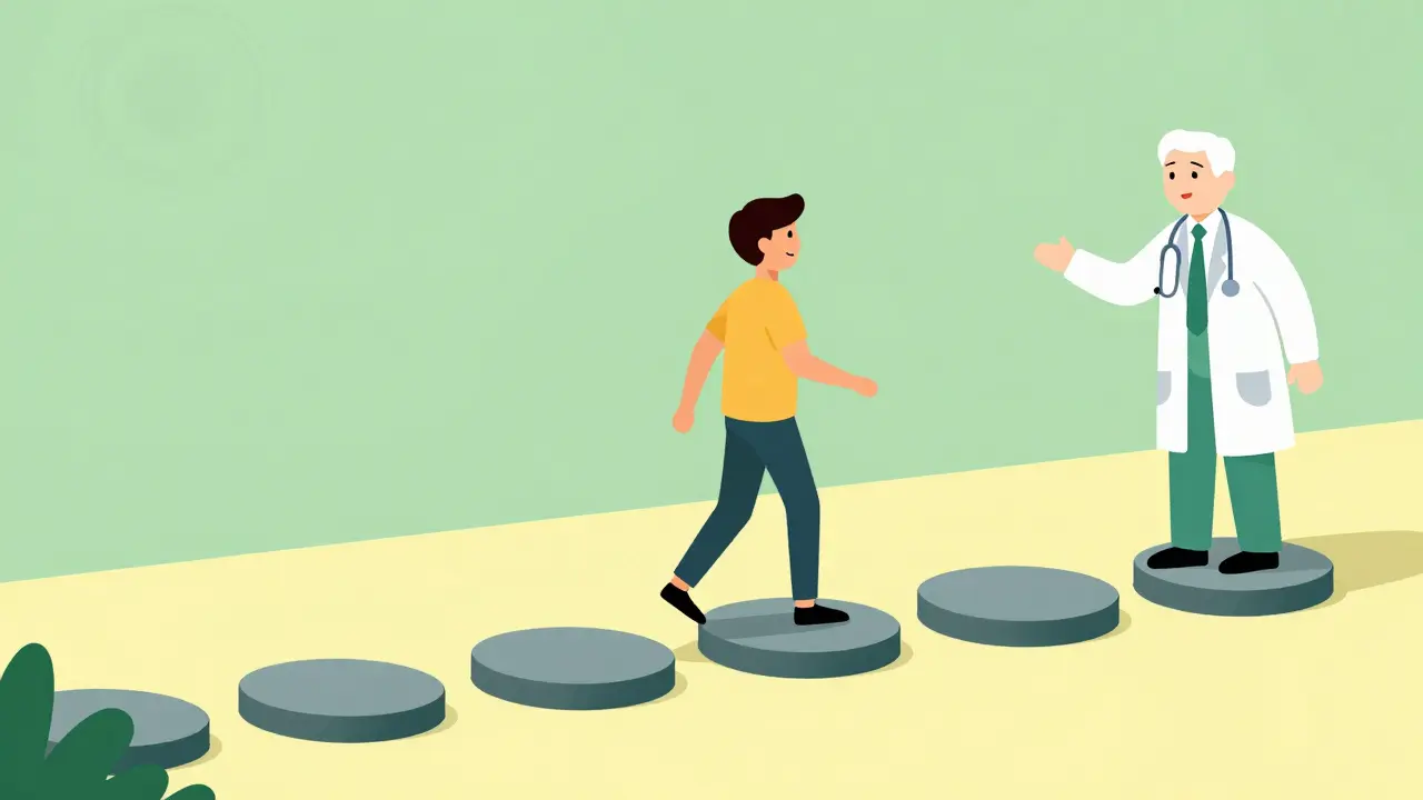 Persona caminando sobre piedras que representan la reducción gradual de medicación con apoyo médico.