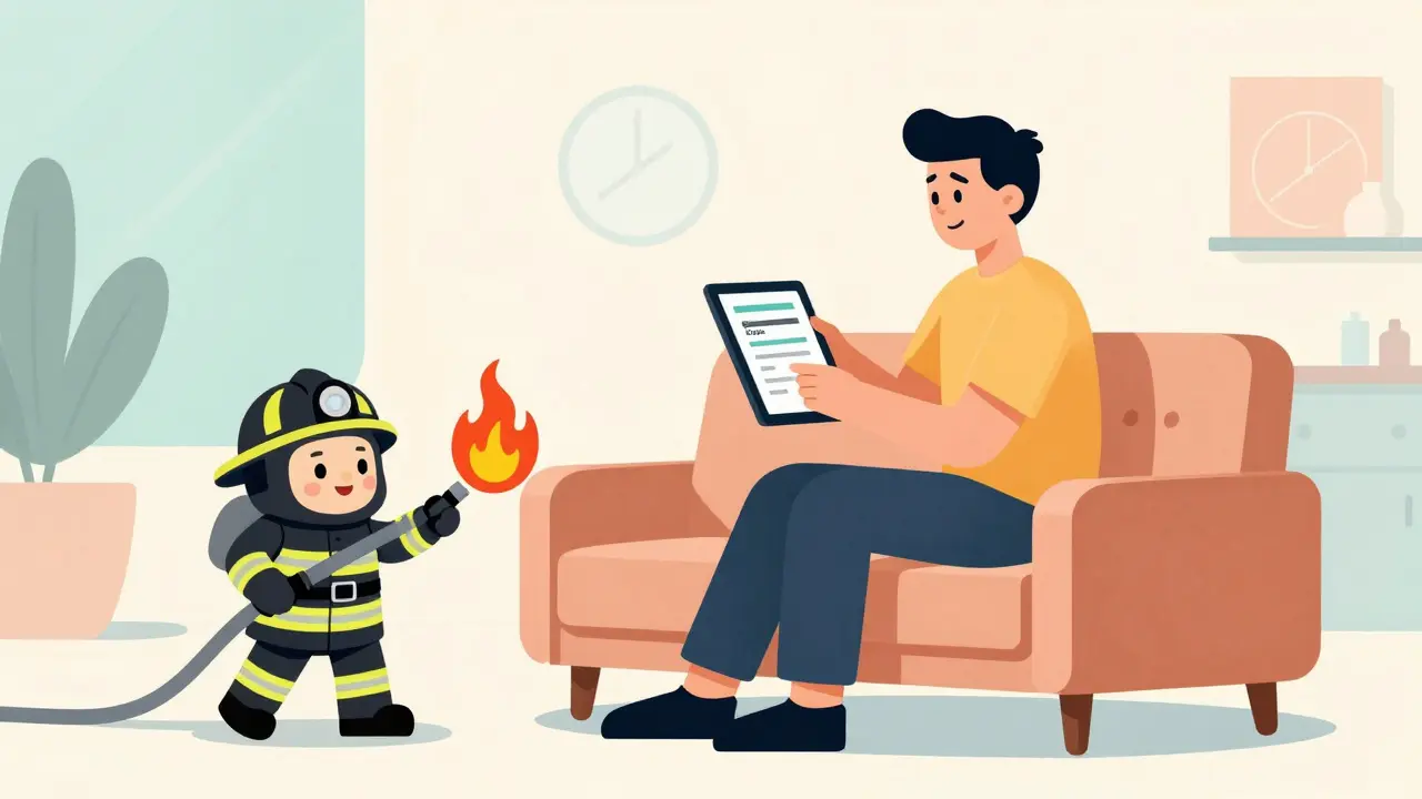 Persona comprando medicinas online con un pequeño bombero apagando un fuego simbólico.