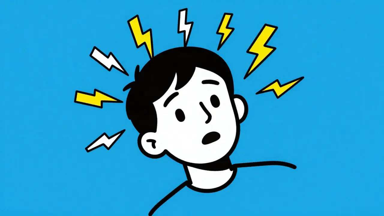 Personaje sintiendo descargas eléctricas en la cabeza y mareos en estilo de dibujo animado.