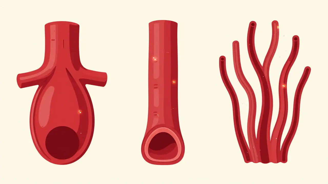 Representación gráfica de vasos sanguíneos grandes, medianos y pequeños con signos de inflamación.