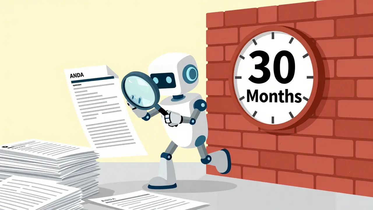 Robot de IA analizando documentos médicos frente a un muro rojo que representa una pausa de 30 meses.