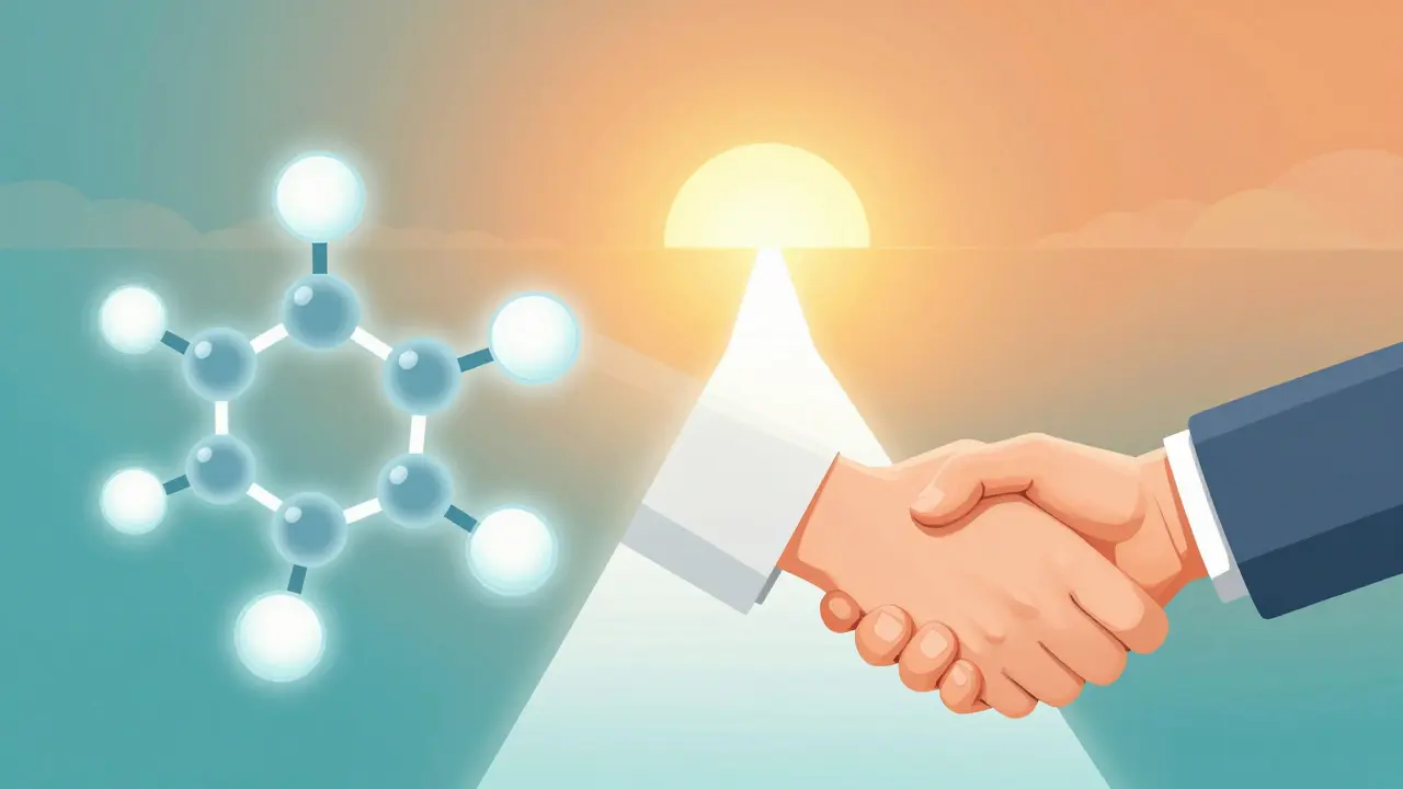 Símbolos de medicación y apoyo familiar uniéndose para formar un camino hacia la recuperación.