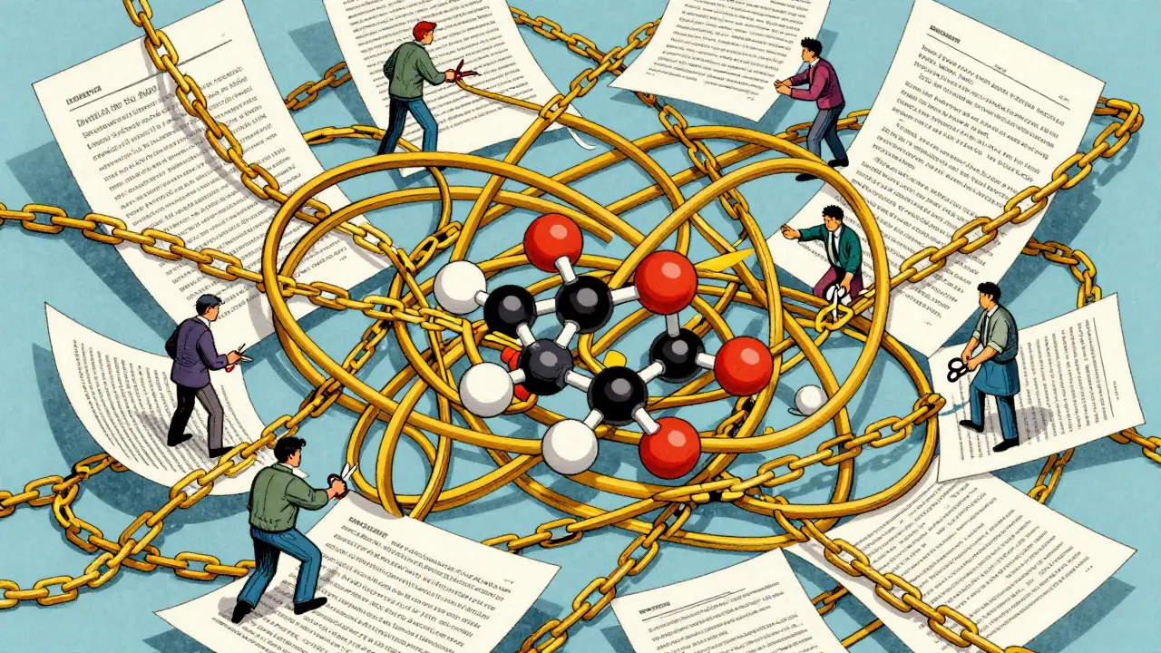 Una molécula atrapada en una red compleja de cadenas doradas y documentos legales.