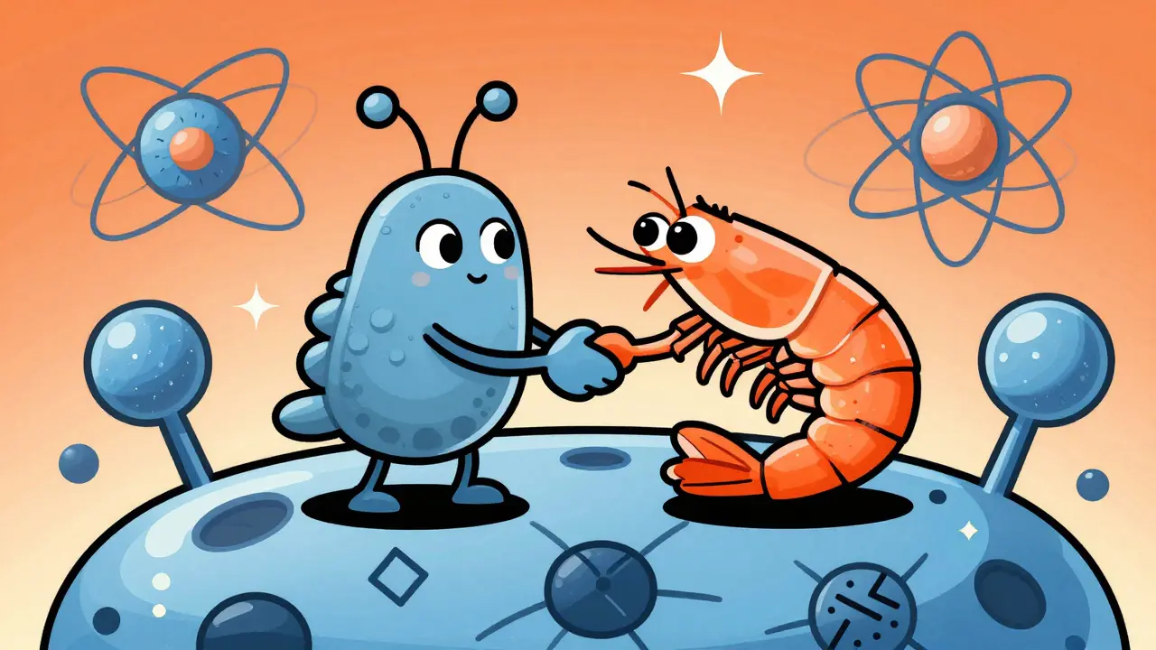 Ácaro del polvo y camarón estrechando manos sobre estructura molecular