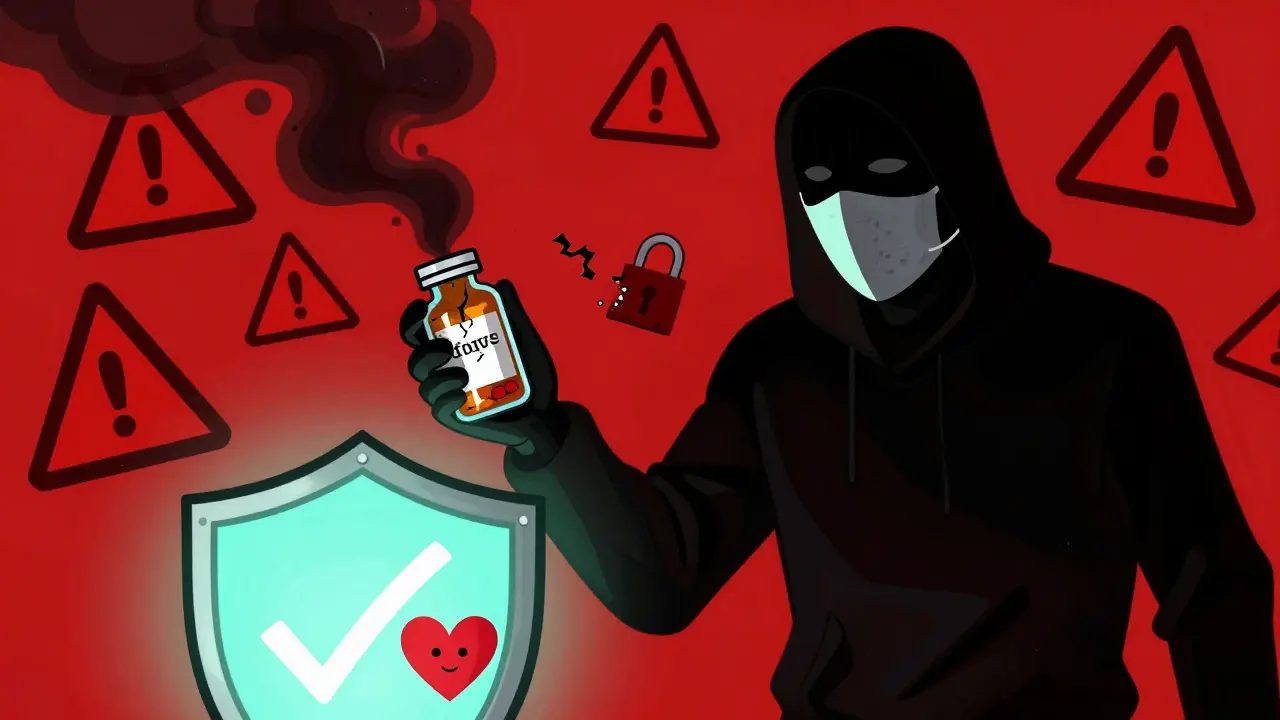Advertencia contra farmacias falsas con figura sospechosa y escudo