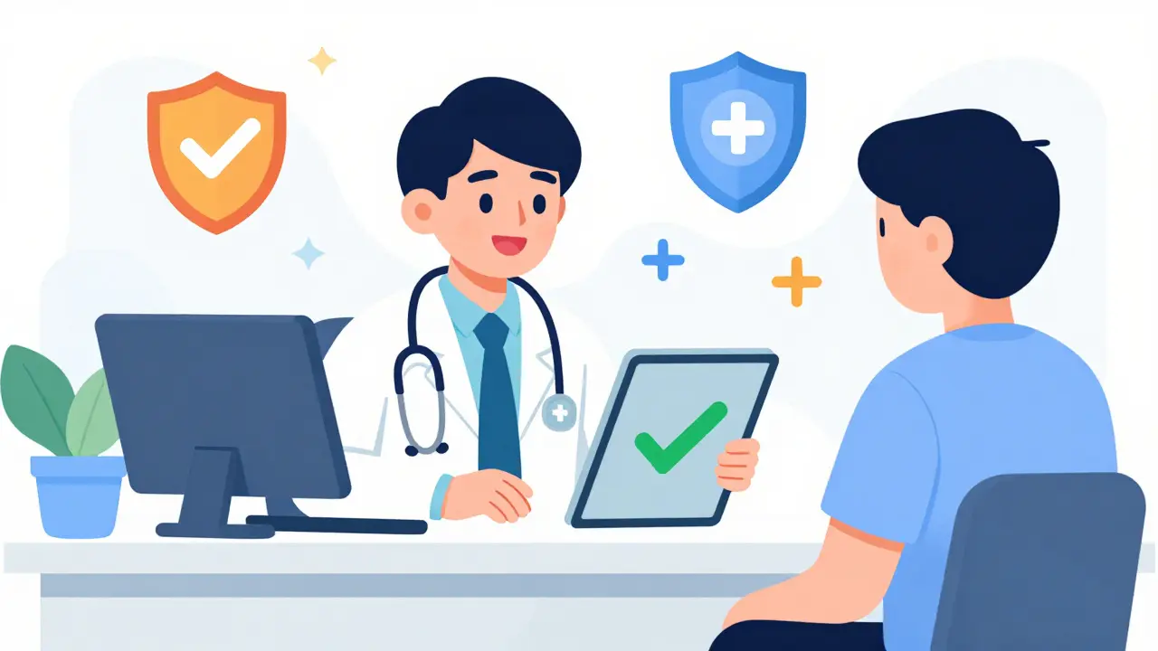 Consulta médica online segura con médico y escudos de protección