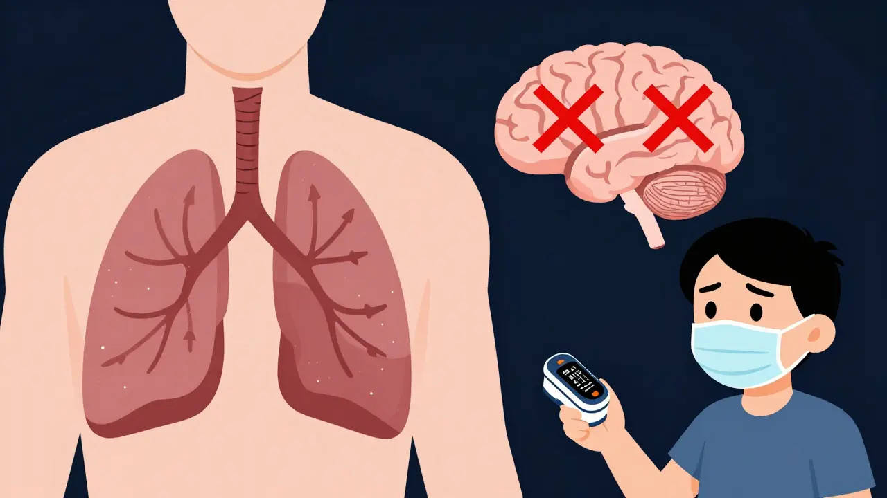 Diagrama estilizado de depresión respiratoria y cerebro