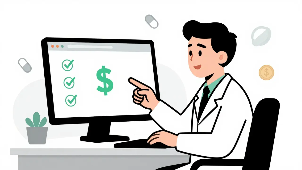 Doctor usando herramientas digitales para ver costos de recetas