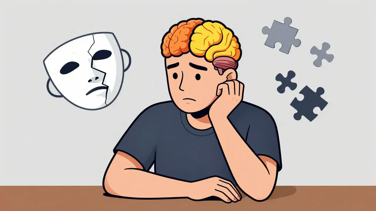 Estilo Atoomstijl mostrando demencia frontotemporal con cambios de personalidad y lenguaje.