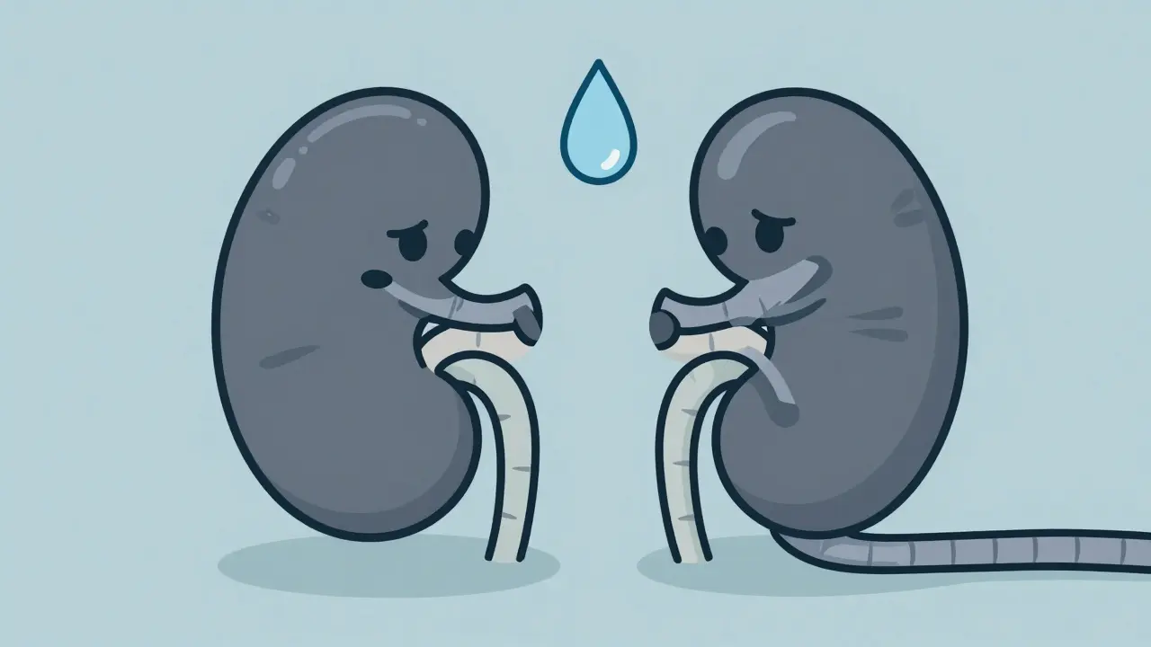 Estilo ilustrativo que representa el impacto silencioso de los AINE en la función renal y el flujo sanguíneo.
