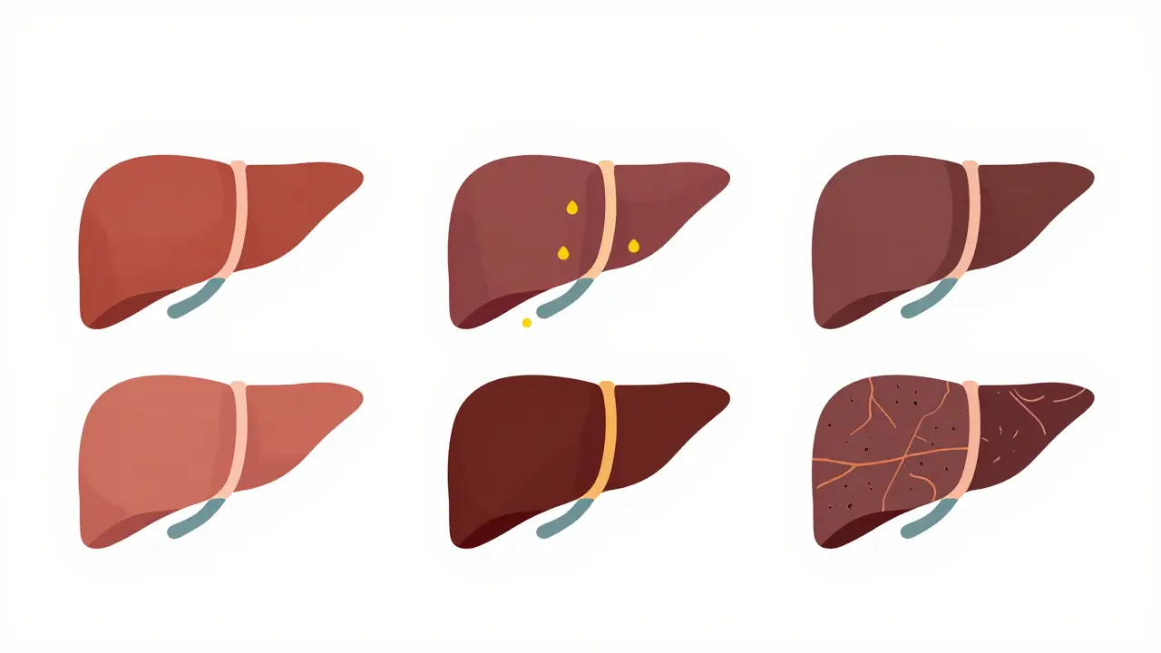 Etapas de daño hepático por consumo de alcohol ilustradas