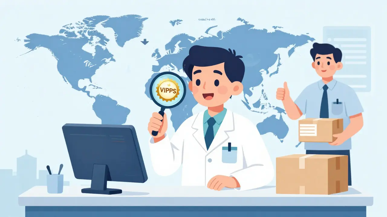 Farmacéutico verificando acreditación VIPPS para compras seguras y legales de medicamentos online.