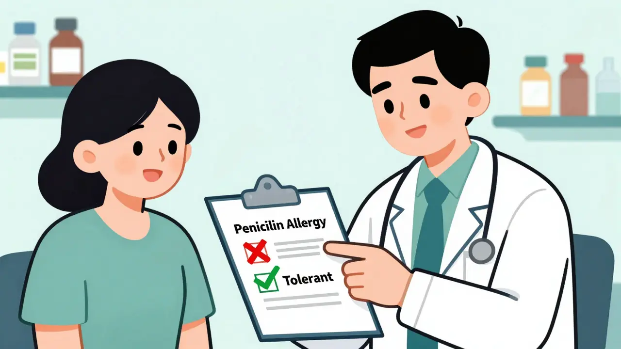 Médico y paciente revisando historial médico para quitar etiqueta de alergia