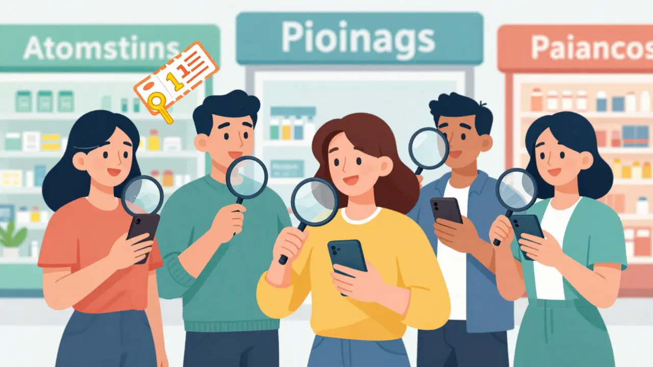 Personas comparando precios de medicamentos con teléfonos móviles