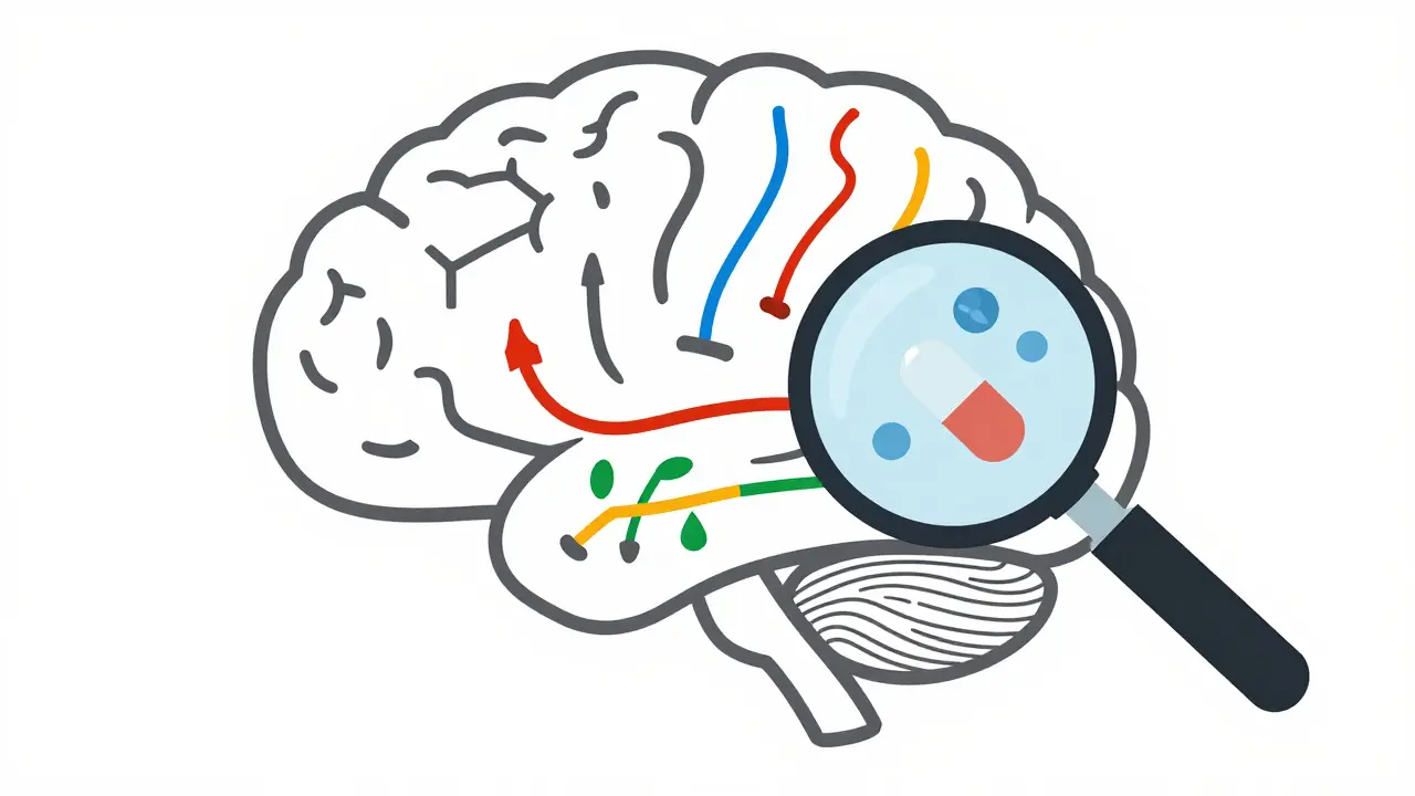 Cerebro estilizado mostrando vías químicas complejas y pastillas