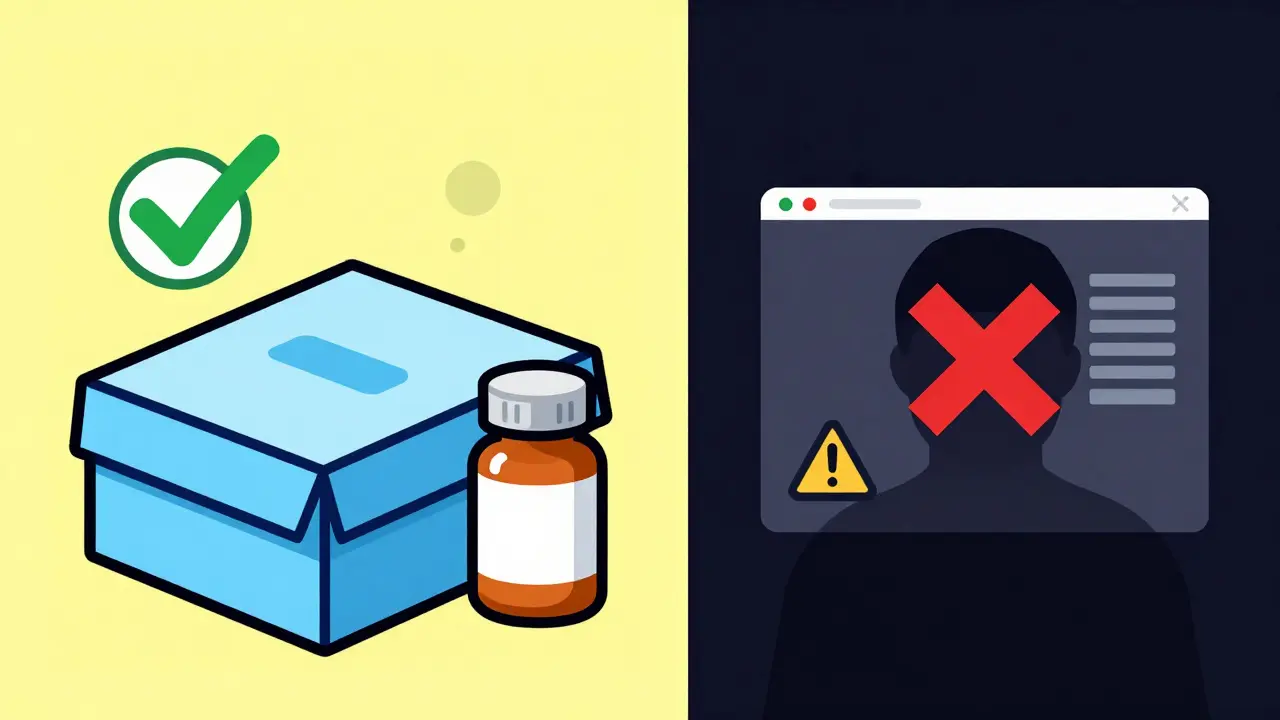 Comparación ilustrada entre farmacia online segura y sitio ilegal