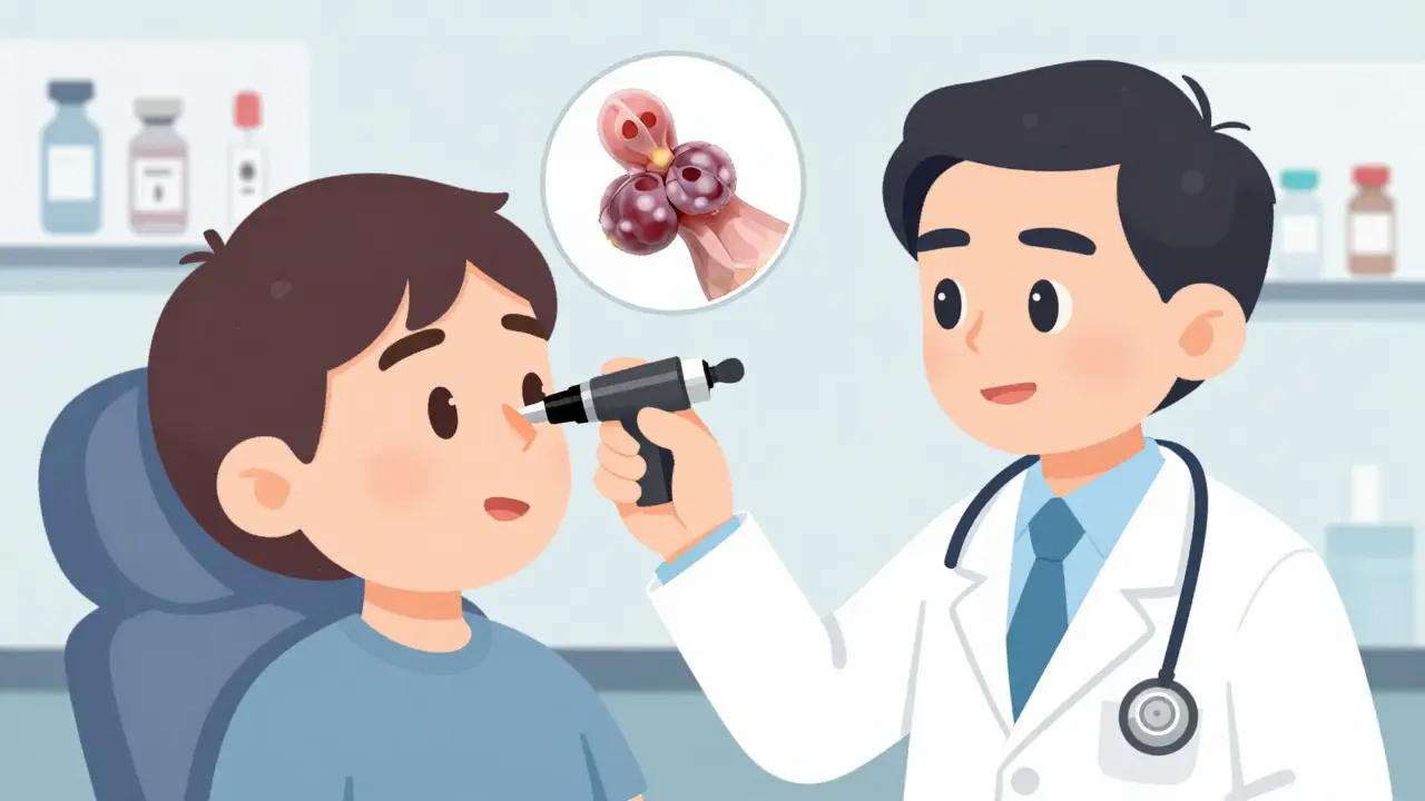 Especialista examinando pólipos nasales con endoscopio en consultorio