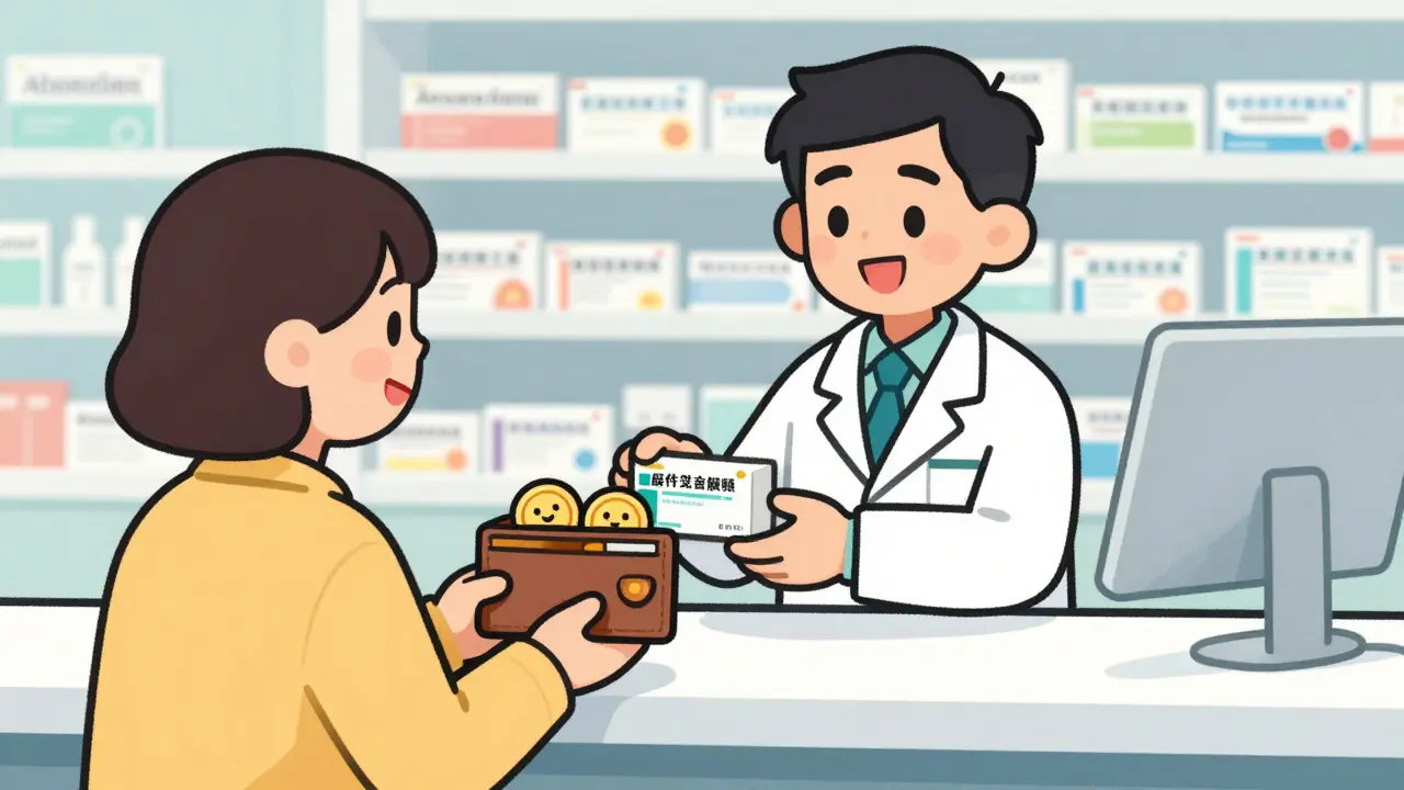 Farmacéutico entregando medicamento genérico a cliente satisfecho