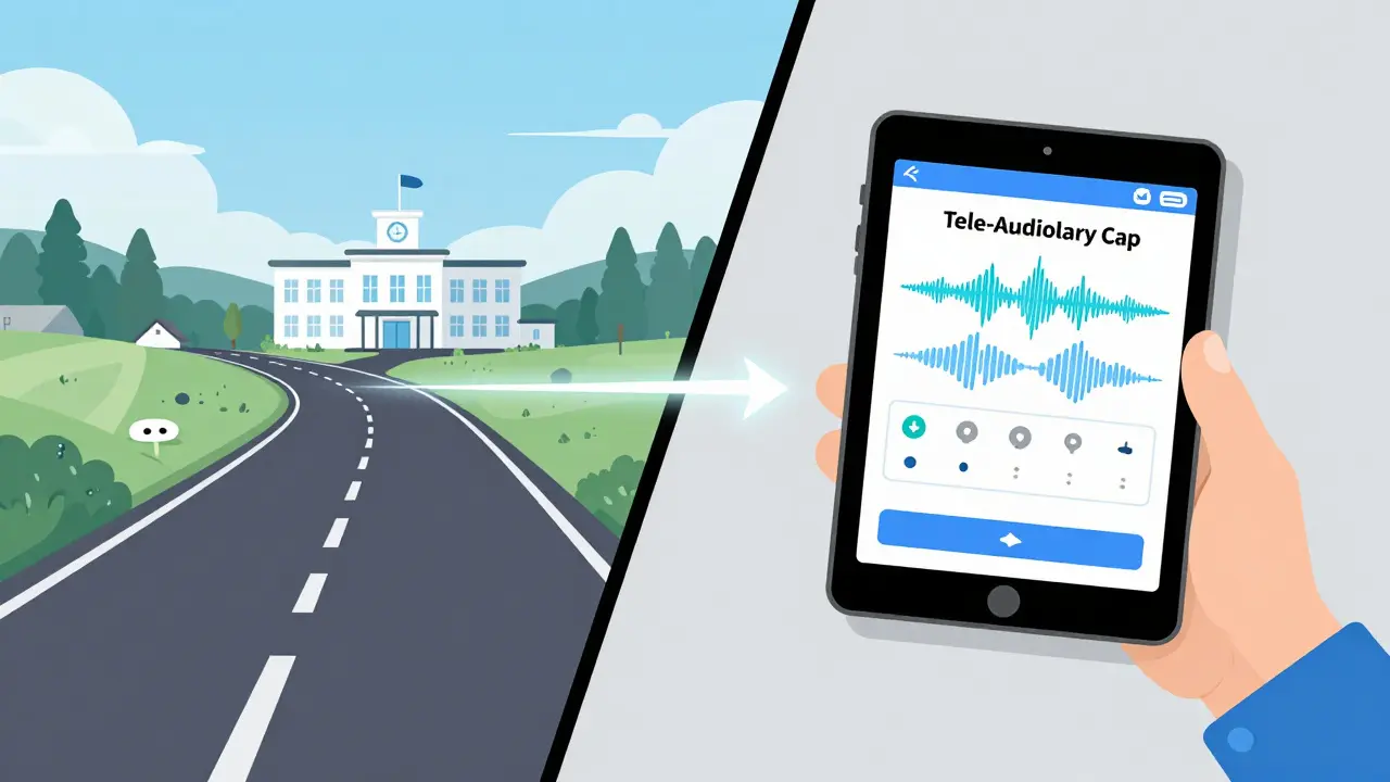 Ilustración comparando viaje rural vs ajuste remoto de audífonos por app