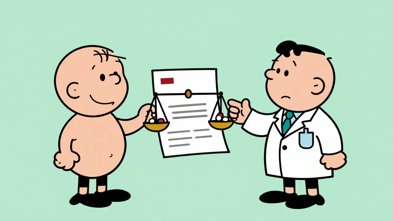Médico y farmacéutico discutiendo un gráfico abstracto de dosis