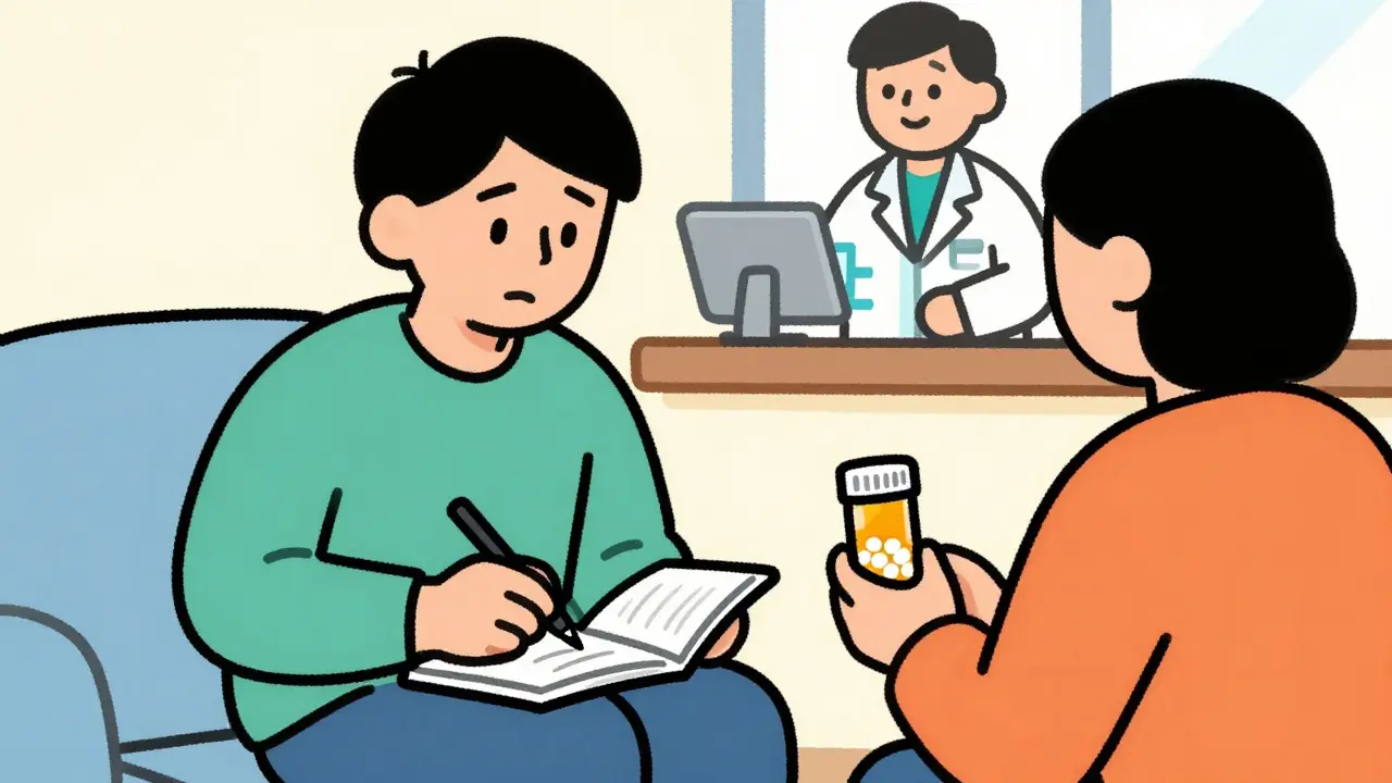 Paciente documentando síntomas y consultando con farmacéutico