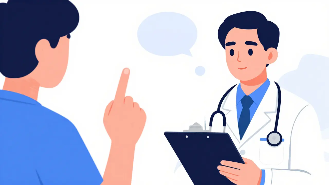 Paciente haciendo preguntas estratégicas al médico en consulta