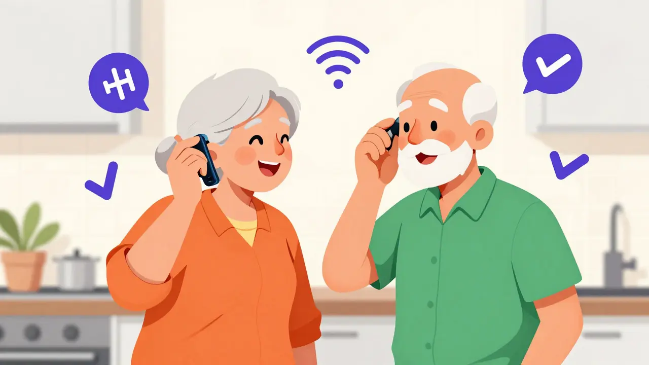 Pareja mayor conversando felizmente tras ajustar sus audífonos remotamente