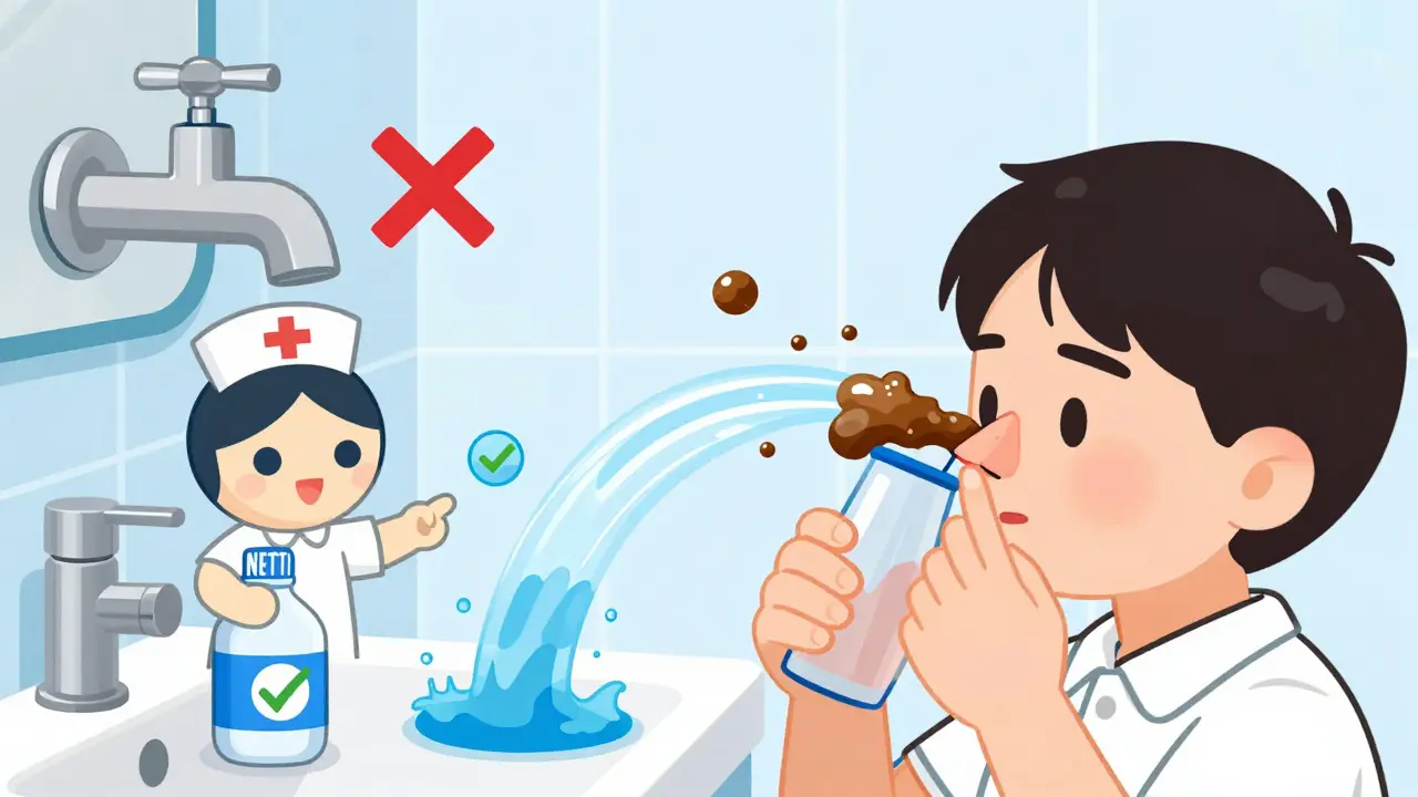 Personaje lavando la nariz con agua destilada para eliminar alérgenos