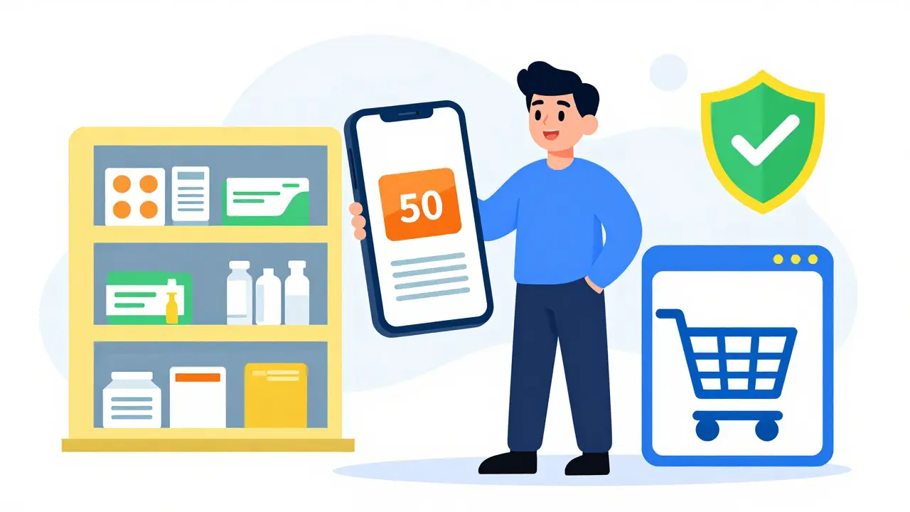Personaje usando una app segura y cupones para comprar medicamentos genéricos de forma económica.