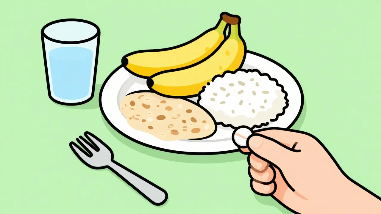 Plato con alimentos saludables y una pastilla para tomar con comida