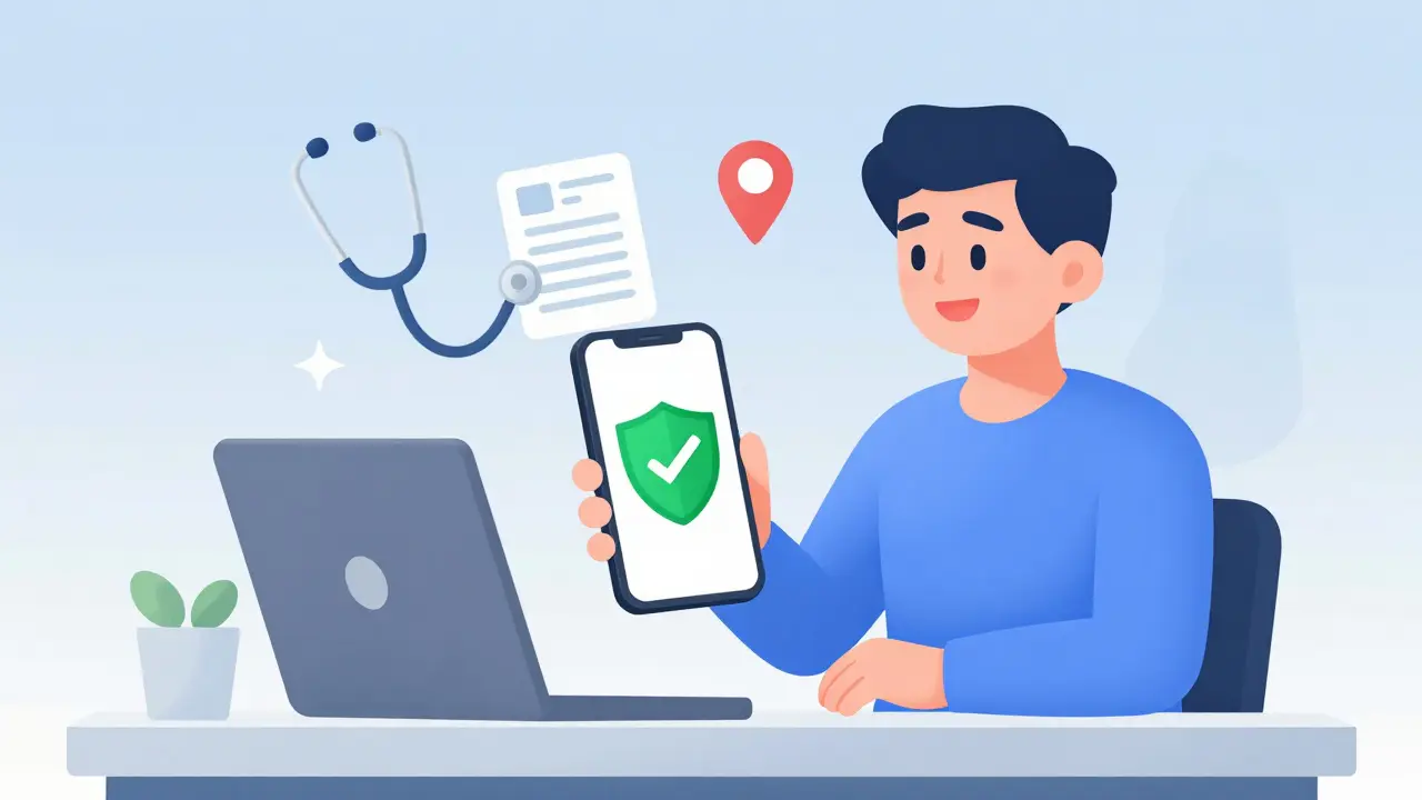 Cliente seguro usando teléfono con iconos de receta y verificación médica
