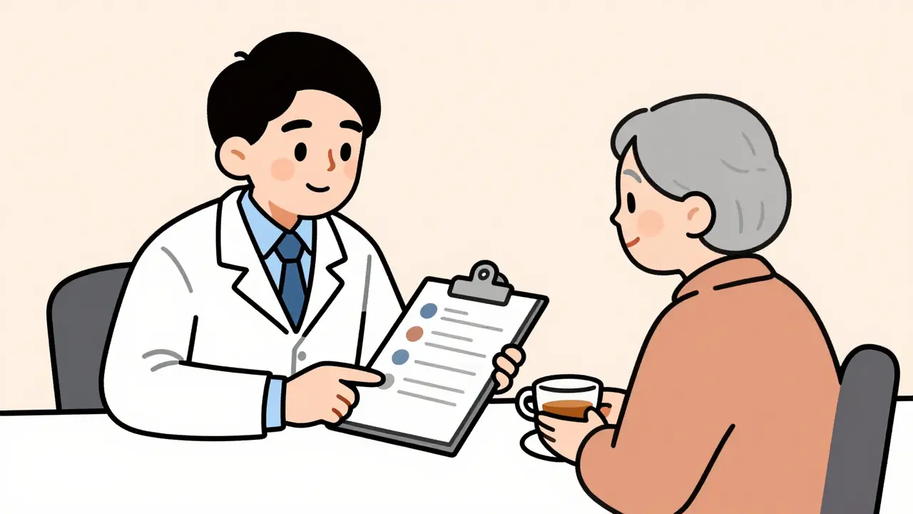 Farmacéutico explicando la medicación a un paciente mayor en una consulta tranquila.