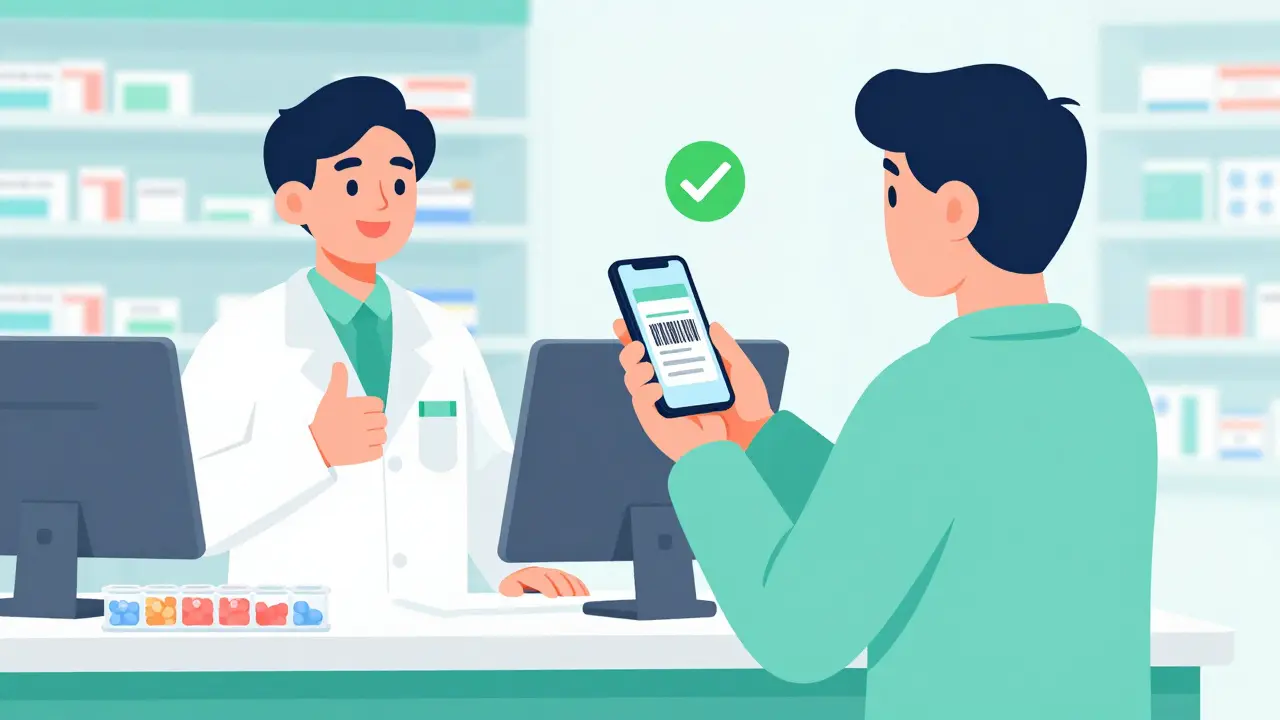 Paciente escaneando código de barras con móvil para verificar medicamento en farmacia