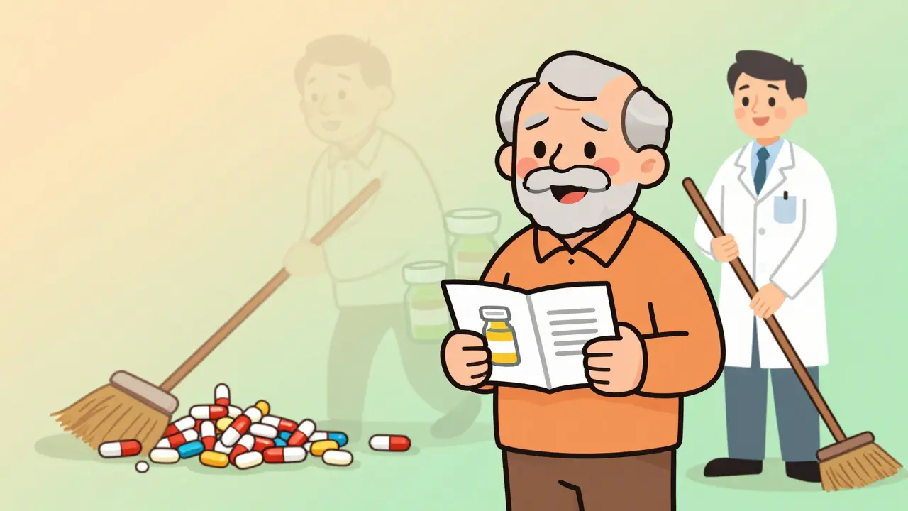 Paciente feliz con menos medicamentos, simbolizando mejor salud y claridad.