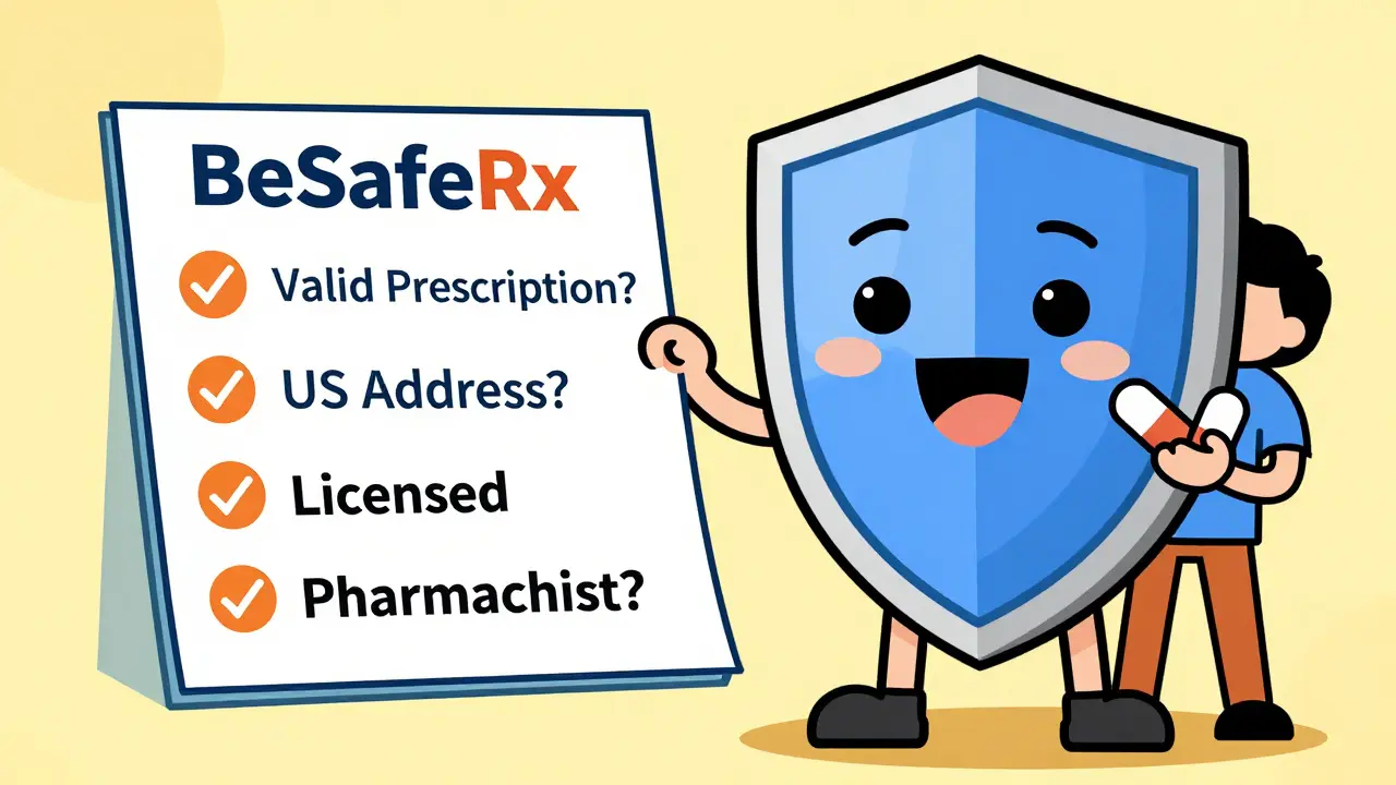 Personaje verificando la legitimidad de una farmacia online con una lista de seguridad